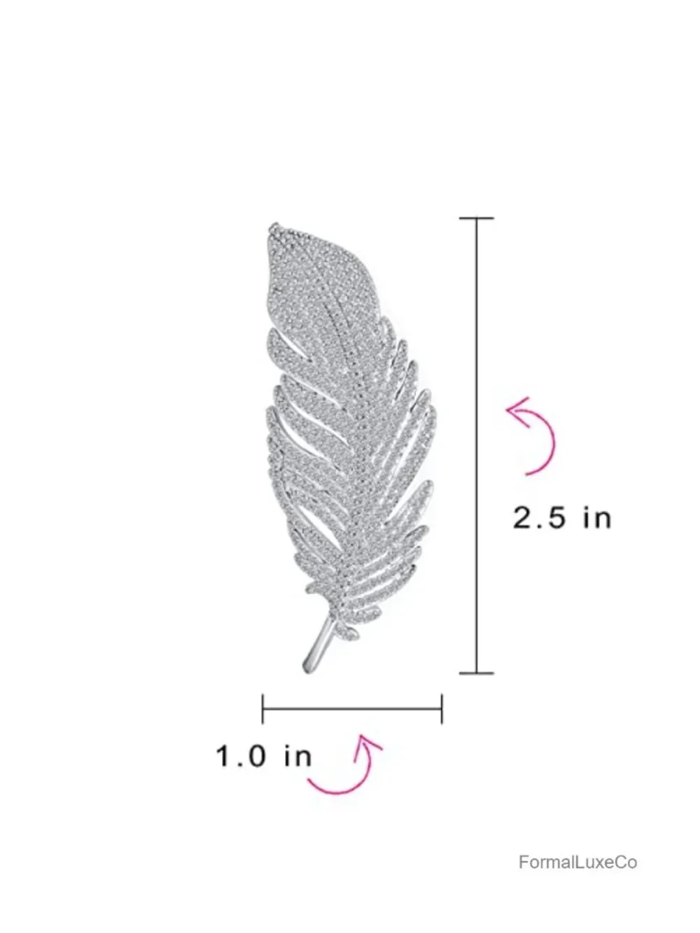 Vintage Style Micro Pave CZ Fan Feather Leaf Brooch Pin - Rhodium Plated Brass
